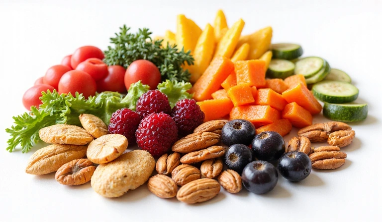 Verschiedene gesunde Snacks wie Nüsse, Obst und Gemüsesticks